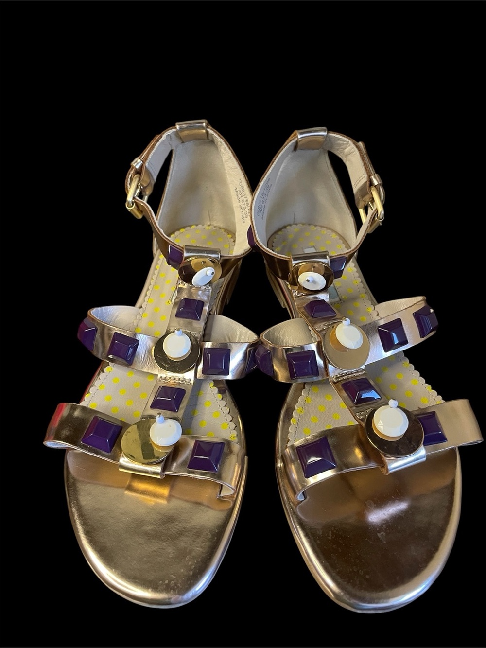 Boden Gold T-Strap Sandals with Purple and White Embellishments